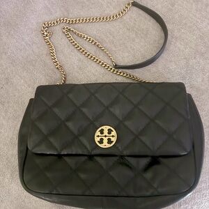 Tory Burch Black Quilted Leather Flap Bag with Gold Hardware